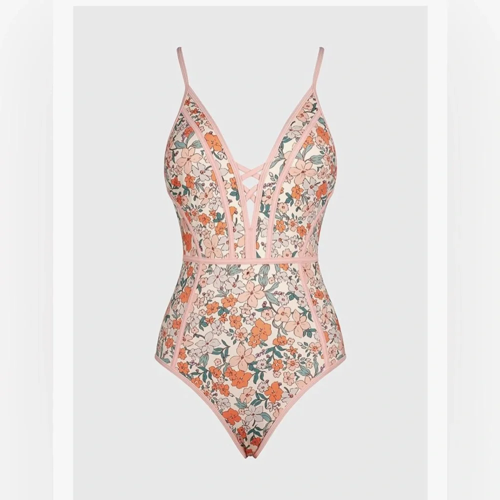 Floral One-Piece Swimsuit with Pink Trim